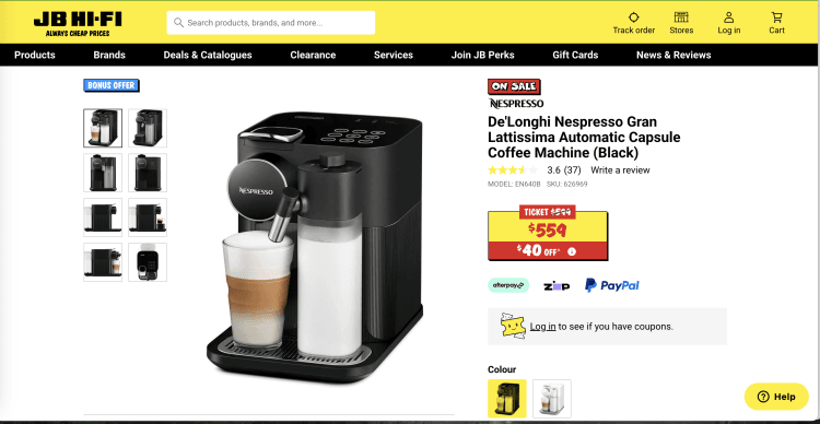 JB Hi-Fi: De’Longhi Nespresso Gran Lattissima Automatic Capsule Coffee Machine (Black) – was $599, now $549
